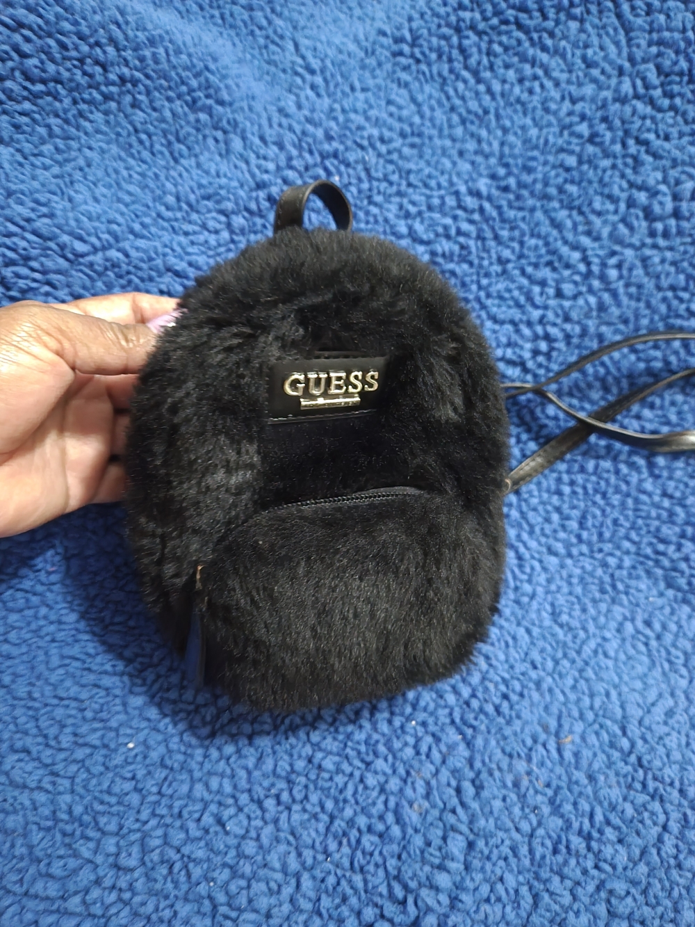 GUESS Black Faux Fur Mini Backpack Crossbody Bag